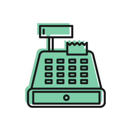 Black line Cash register machine with a check icon isolated on white background. Cashier sign. Cashbox symbol. Vector Illustrationのイラスト素材