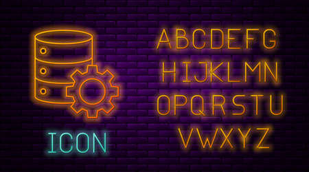 Glowing neon line Server and gear icon isolated on brick wall background. Adjusting app, service concept, setting options, maintenance, repair, fixing. Neon light alphabet. Vector Illustrationのイラスト素材