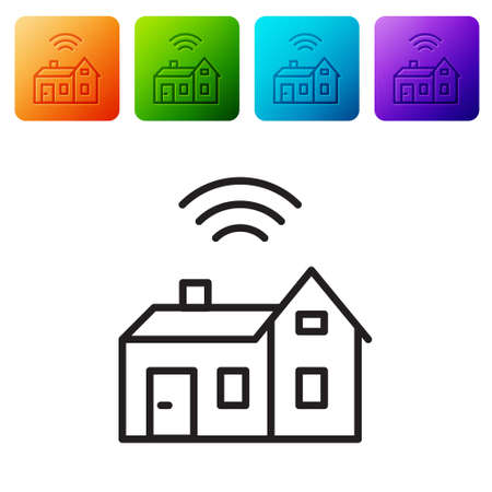 Black line Smart home with wireless icon isolated on white background. Remote control. Internet of things concept with wireless connection. Set icons in color square buttons. Vectorのイラスト素材