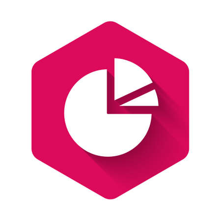 White Pie chart infographic icon isolated with long shadow. Diagram chart sign. Pink hexagon button. Vector Illustrationのイラスト素材
