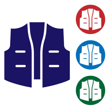 Blue Fishing jacket icon isolated on white background. Fishing vest. Set icons in color square buttons. Vectorのイラスト素材