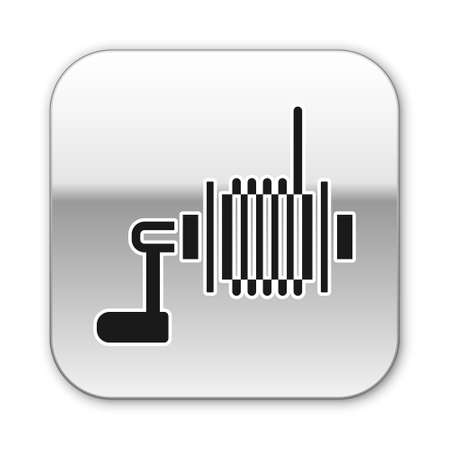 Black Spinning reel for fishing icon isolated on white background. Fishing coil. Fishing tackle. Silver square button. Vectorのイラスト素材