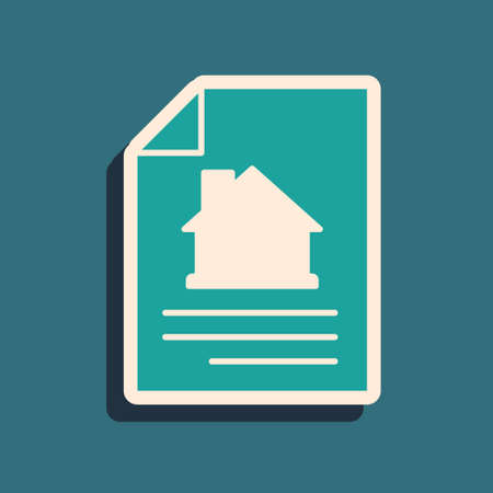 Green House contract icon isolated on green background. Contract creation service, document formation, application form composition. Long shadow style. Vectorのイラスト素材