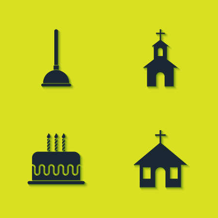 Set Rubber plunger, Church building, Cake with burning candles and icon. Vectorのイラスト素材