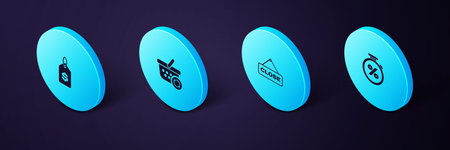 Set Isometric Stopwatch and percent, Hanging sign with Close, Refresh shopping basket and Price tag...