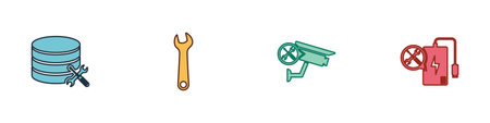 Set Database server service, Wrench, Security camera and Power bank icon. Vector