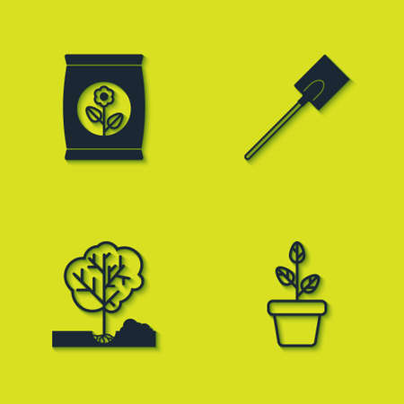 Set Fertilizer bag, Flowers in pot, Planting tree the ground and Garden shovel icon. Vectorのイラスト素材
