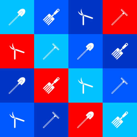 Set Garden shovel, fork, Gardening handmade scissor and rake icon. Vectorのイラスト素材