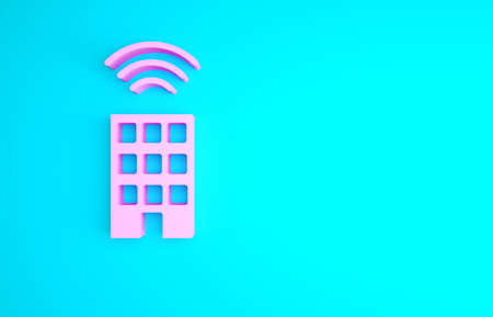 Pink Smart home with wireless icon isolated on blue background. Remote control. Internet of things concept with wireless connection. Minimalism concept. 3d illustration 3D renderの写真素材