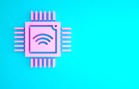 Pink Computer processor with microcircuits CPU icon isolated on blue background. Chip or cpu with...