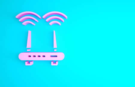 Pink Router and wi-fi signal icon isolated on blue background. Wireless ethernet modem router. Computer technology internet. Minimalism concept. 3d illustration 3D renderの写真素材