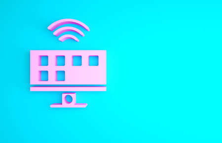 Pink Smart Tv system icon isolated on blue background. Television sign. Internet of things concept with wireless connection. Minimalism concept. 3d illustration 3D renderの写真素材