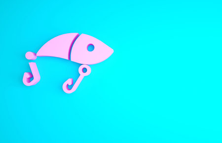 Pink Fishing lure icon isolated on blue background. Fishing tackle. Minimalism concept. 3d...