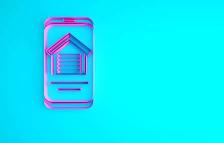 Pink Online real estate house on smartphone icon isolated on blue background. Home loan concept, rent, buy, buying a property. Minimalism concept. 3d illustration 3D renderの写真素材