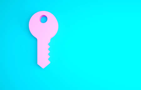 Pink House key icon isolated on blue background. Minimalism concept. 3d illustration 3D renderの写真素材