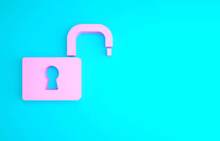 Pink Open padlock icon isolated on blue background. Opened lock sign. Cyber security concept. Digital data protection. Minimalism concept. 3d illustration 3D renderの写真素材