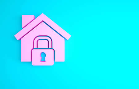 Pink House under protection icon isolated on blue background. Home and lock. Protection, safety, security, protect, defense concept. Minimalism concept. 3d illustration 3D renderの写真素材