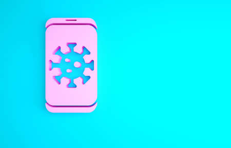 Pink Virus statistics on mobile icon isolated on blue background. Corona virus 2019-nCoV. Bacteria and germs, cell cancer, microbe, fungi. Minimalism concept. 3d illustration 3D renderの写真素材
