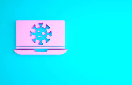 Pink Virus statistics on laptop icon isolated on blue background. Corona virus 2019-nCoV. Bacteria and germs, cell cancer, microbe, fungi. Minimalism concept. 3d illustration 3D renderの写真素材
