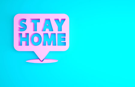 Pink Stay home icon isolated on blue background. Corona virus 2019-nCoV. Minimalism concept. 3d...