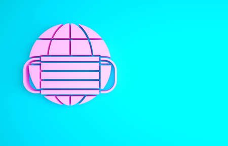 Pink Earth globe with medical mask icon isolated on blue background. Minimalism concept. 3d illustration 3D renderの写真素材