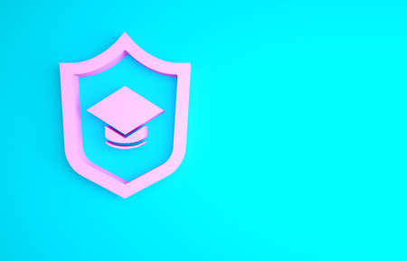 Pink Graduation cap with shield icon isolated on blue background. Insurance concept. Security, safety, protection, protect concept. Minimalism concept. 3d illustration 3D renderの写真素材