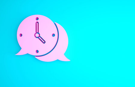 Pink Clock with speech bubble icon isolated on blue background. Time sign. Office watch or timer...