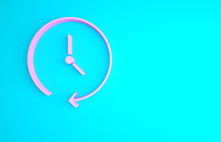 Pink Clock icon isolated on blue background. Time symbol. Minimalism concept. 3d illustration 3D...