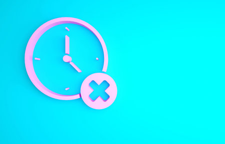 Pink Clock delete icon isolated on blue background. Time symbol. Minimalism concept. 3d illustration...