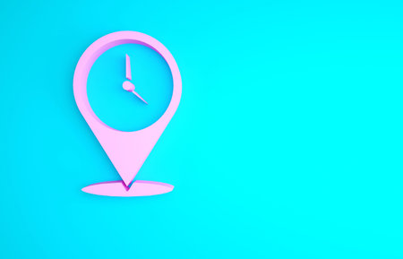 Pink Location with clock icon isolated on blue background. Minimalism concept. 3d illustration 3D...