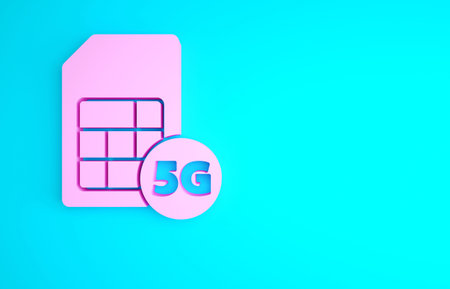Pink 5G Sim Card icon isolated on blue background. Mobile and wireless communication technologies....