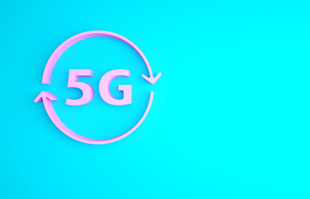 Pink 5G new wireless internet wifi connection icon isolated on blue background. Global network high...