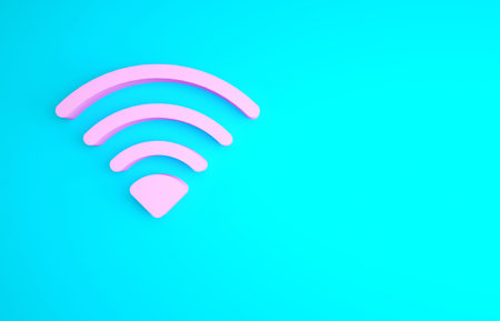 Pink Wi-Fi wireless internet network symbol icon isolated on blue background. Minimalism concept. 3d...