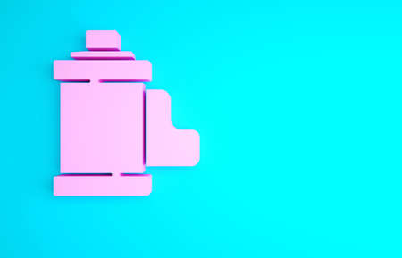 Pink Camera vintage film roll cartridge icon isolated on blue background. 35mm film canister. Filmstrip photographer equipment. Minimalism concept. 3d illustration 3D renderの写真素材