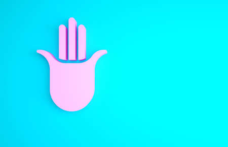 Pink Hamsa hand icon isolated on blue background. Hand of Fatima - amulet, symbol of protection from devil eye. Minimalism concept. 3d illustration 3D renderの写真素材