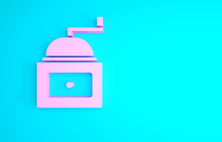 Pink Manual coffee grinder icon isolated on blue background. Minimalism concept. 3d illustration 3D renderの写真素材