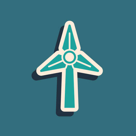 Green Wind turbine icon isolated on green background. Wind generator sign. Windmill for electric power production. Long shadow style. Vectorのイラスト素材