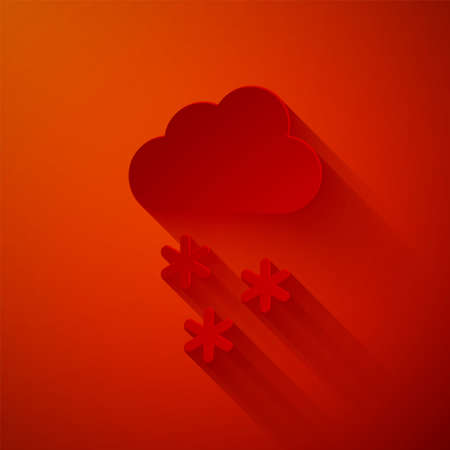 Paper cut Cloud with snow icon isolated on red background. Cloud with snowflakes. Single weather icon. Snowing sign. Paper art style. Vectorのイラスト素材