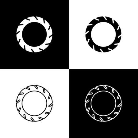 Set Bicycle wheel tire icon isolated on black and white background. Bike race. Extreme sport. Sport equipment. Vectorのイラスト素材