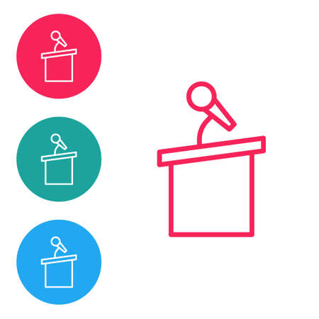 Red line Stage stand or debate podium rostrum icon isolated on white background. Conference speech tribune. Set icons in circle buttons. Vectorのイラスト素材