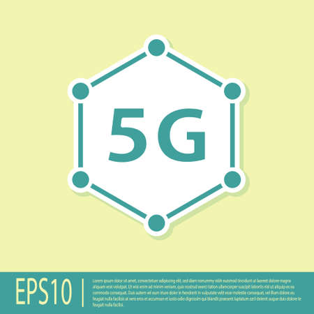 Green 5G new wireless internet wifi connection icon isolated on yellow background. Global network high speed connection data rate technology. Vectorのイラスト素材
