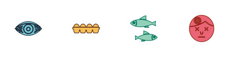 Set Reddish eye allergic conjunctivitis, Chicken egg in box, Fish and Man having headache icon....