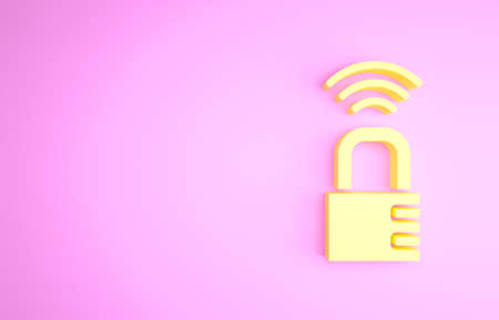 Yellow Smart safe combination lock icon isolated on pink background. Combination padlock. Security, safety, protection, password, privacy. Minimalism concept. 3d illustration 3D renderの写真素材