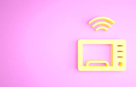 Yellow Smart microwave oven system icon isolated on pink background. Home appliances icon. Internet of things concept with wireless connection. Minimalism concept. 3d illustration 3D renderの写真素材