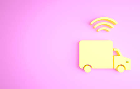 Yellow Smart delivery cargo truck vehicle with wireless connection icon isolated on pink background. Minimalism concept. 3d illustration 3D renderの写真素材