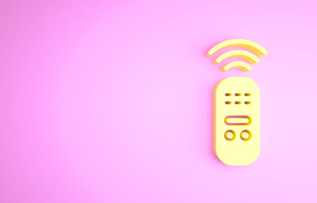 Yellow Smart remote control system icon isolated on pink background. Internet of things concept with...
