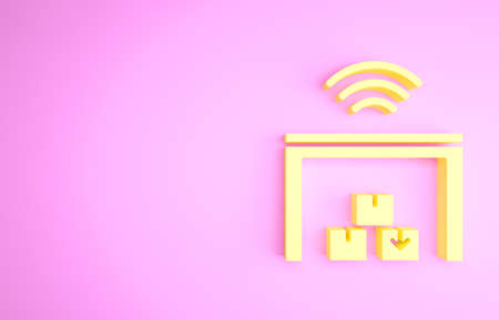Yellow Smart warehouse system icon isolated on pink background. Minimalism concept. 3d illustration 3D renderの写真素材