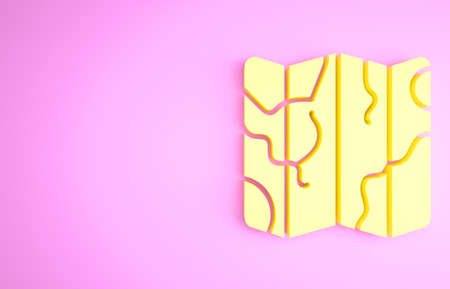 Yellow Folded map icon isolated on pink background. Minimalism concept. 3d illustration 3D renderの写真素材