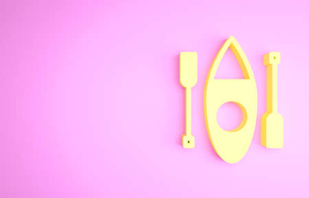 Yellow Kayak and paddle icon isolated on pink background. Kayak and canoe for fishing and tourism. Outdoor activities. Minimalism concept. 3d illustration 3D renderの写真素材