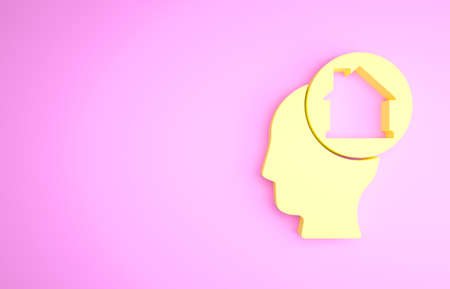 Yellow Man dreaming about buying a new house icon isolated on pink background. Minimalism concept. 3d illustration 3D renderの写真素材